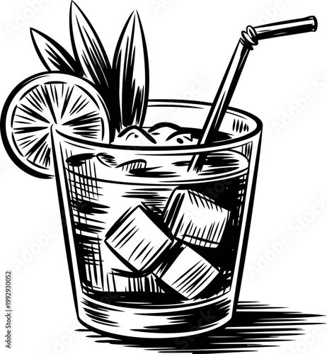 Glass of iced citrus drink with straw, lemon slice, and fresh leaves in vintage sketch