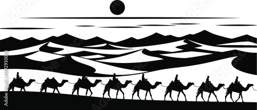 Black and white of a camel caravan crossing desert dunes under a full moon sand