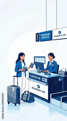 Passenger and airline staff checking in at a modern airport terminal counter in a clean flat vector illustration.