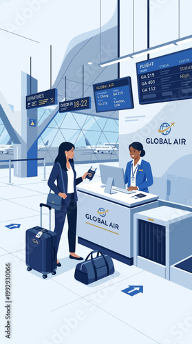 Female traveler checking in at airline desk in modern airport terminal clean flat vector illustration.