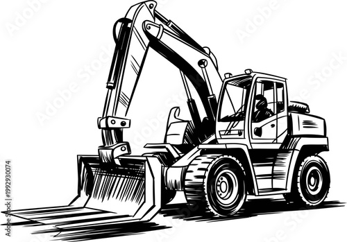 Excavator loader with lifting forks in action heavy duty construction machine for digging and lifting materials on site
