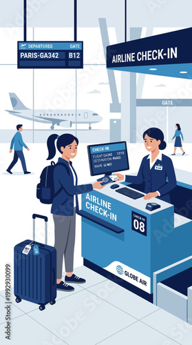 Female Traveler Checking In at Airport Counter with Staff in Modern Flat Vector Illustration