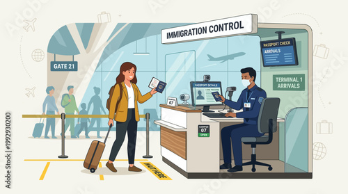 Female traveler showing passport to officer at airport immigration desk, professional flat vector illustration.