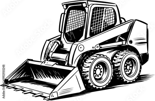 Compact skid steer loader with bucket attachment, construction equipment for earthmoving and material handling tasks