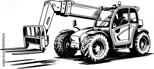 Heavy duty telehandler forklift with large tires and extended lifting arm, industrial construction machinery equipment