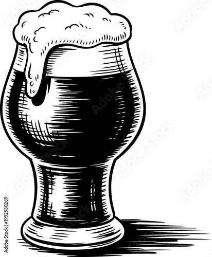 Hand drawn dark beer in a frosty glass with foam overflowing, vintage pub beverage illustration for craft drink lovers