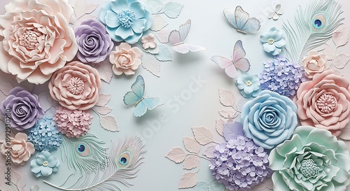 3D floral wall art wallpaper with roses and butterflies, pastel aesthetic design