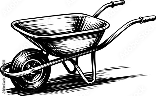 classic wheelbarrow illustration with single front wheel and two handles for gardening and construction tasks