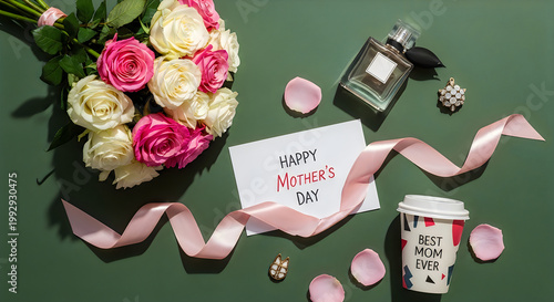 Happy mothers day card with bouquet roses and coffee cup on green