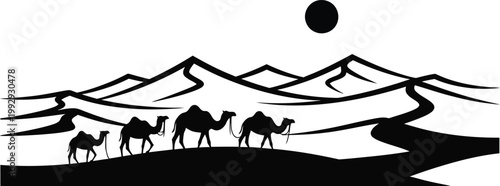 Black silhouette of a camel caravan crossing desert dunes under a dark sun sand