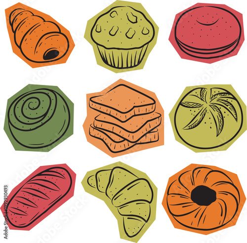 A delightful collection of hand-drawn baked, showcasing an appetizing variety of fresh pastries, breads, and sweet treats in a charming, rustic sketch style perfect for menus or bakery branding