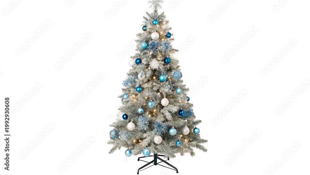 Obraz premium White and blue Christmas tree with decorations and lights isolated on transparent background 