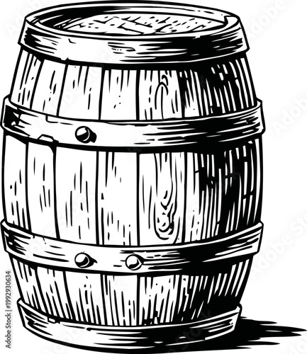 Vintage wooden barrel with metal bands, classic rustic storage container illustration