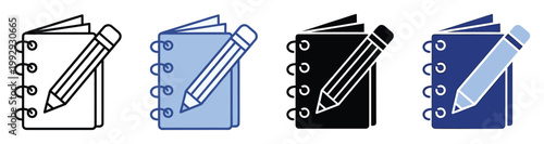 Modern spiral notebook and pencil icon for educational resources, office supplies, or digital interface elements
