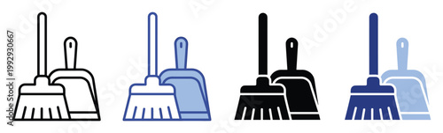 Household cleaning broom and dustpan set icons representing domestic tasks and sanitation for various professional service applications