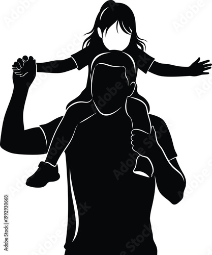 Black silhouette of a father carrying his daughter on his shoulders with arms outstretched