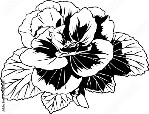 Black and white sketch of a fully bloomed pansy flower with textured petals and detailed veined leaves