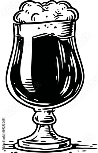 Black beer in a tulip glass with foam head, hand drawn illustration of dark craft beer in elegant glassware