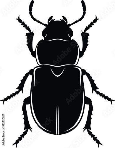 Black silhouette of a scarab beetle with detailed legs and antennae insect