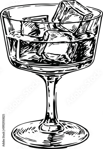 Glass with ice cubes clear beverage, cocktail glassware with cold drink, refreshing summer drink concept