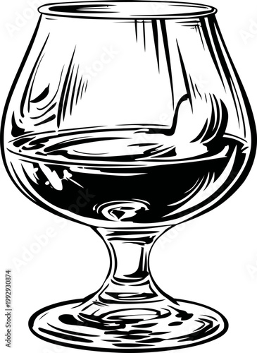 elegant brandy glass with liquid inside classic cocktail glassware design with thick base and reflective surface detail