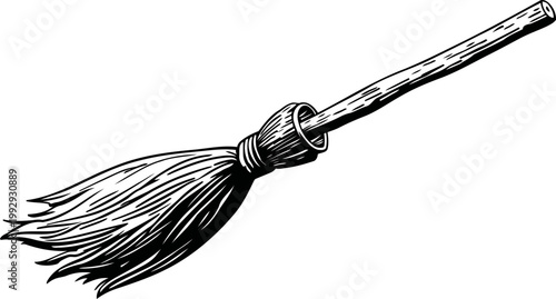 Rustic broom with natural bristles and wooden handle, traditional cleaning tool for sweeping floors and outdoor areas