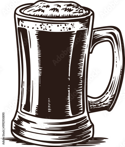 foamy dark beer in a large glass mug with handle refreshing beverage with thick foam top classic pub drink illustration
