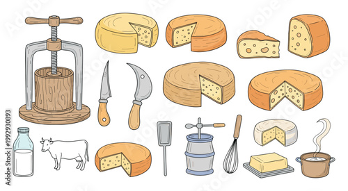 Homemade dairy and cheese production elements like milk, cow, butter, and tools for traditional farm food concepts.