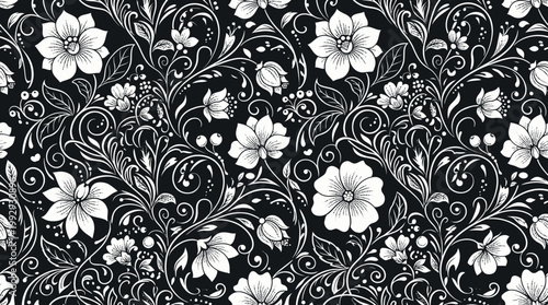 Intricate black and white floral pattern with swirling vines and decorative motifs for textiles and design.