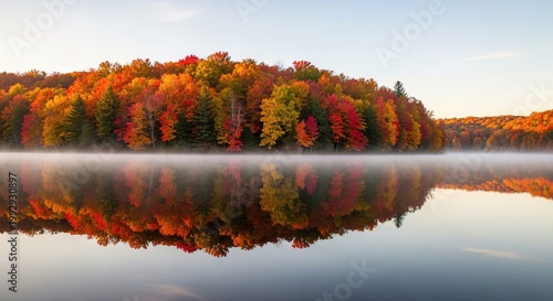 Calm lake reflecting vibrant autumn forest, trees in red orange yellow tones mirrored perfectly in water, early morning fog hovering above surface, tranquil composition
