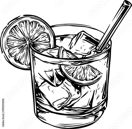 Glass of cold beverage with ice cubes and lemon slices, refreshing drink with straw in clear glass