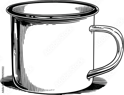 Vintage metal mug with handle, simple rustic camping cup design, classic enamelware container illustration