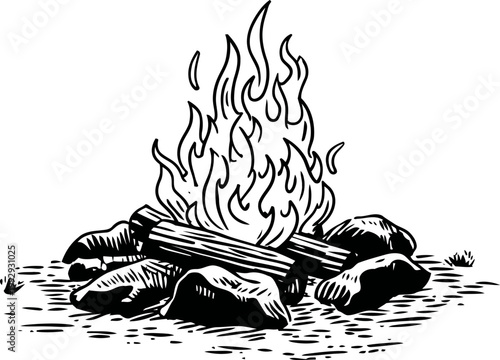 Campfire with flames burning wood logs surrounded by stones on ground