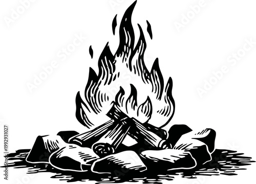 Campfire burning with wooden logs surrounded by stones, outdoor fire for warmth and cooking