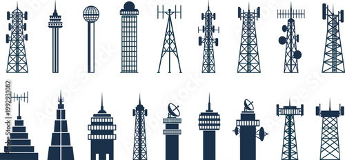 Telecommunication Tower and Antenna Icon Set with Radio Masts, Signal Transmitters, Satellite Dishes, and Network Infrastructure for Technology and Communication Design Projects