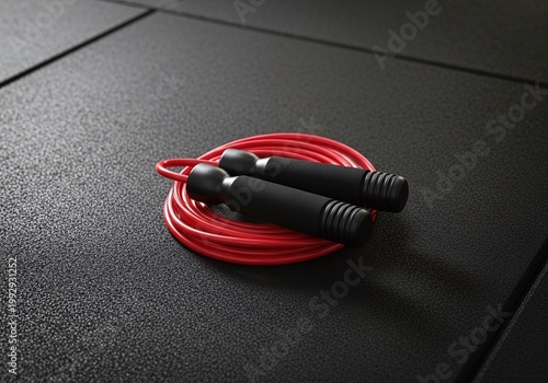 Red Jump Rope with Black Handles on Dark Gym Floor