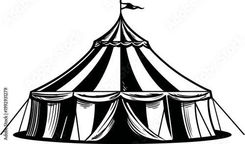 Classic striped circus tent with flag on top, detailed vintage carnival marquee illustration