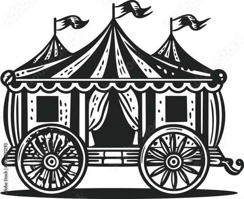 Traditional caravan wagon with decorative canopy and large wooden wheels, vintage traveling vehicle illustration