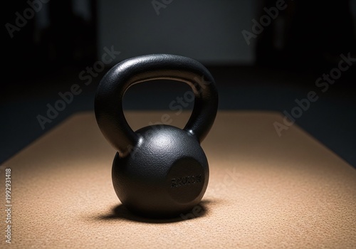 Heavy Black Kettlebell on Gym Floor with Dramatic Lighting