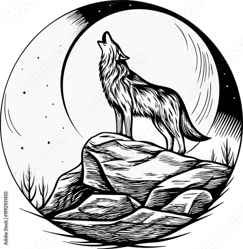 Wolf howling on rocky hill under crescent moon and starry night sky in wilderness scene