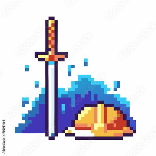 pixel art sword and helmet with blue shadow background symbolizing medieval combat and adventure