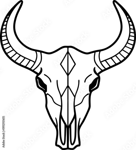 outlined bull skull with large curved horns and symmetrical decorative patterns, western and rustic