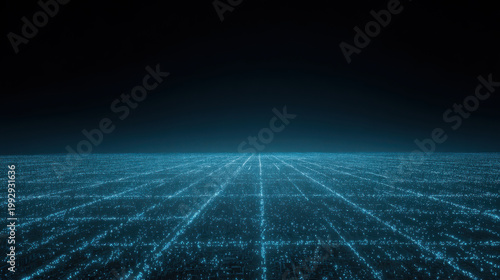 Glowing data grid with blue light lines and dots creating futuristic digital landscape under dark sky