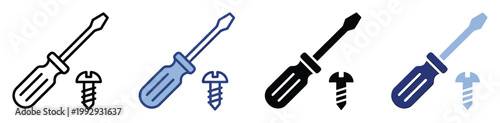 Versatile screwdriver and screw tool icon set perfect for construction, repair, and hardware applications