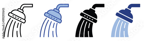 Shower head icon with flowing water for bathroom service applications and hygiene related informational graphics