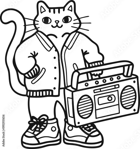 Cat wearing jacket and sneakers holding boombox cool animal character with retro music player and casual outfit