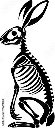 Illustration of a rabbit skeleton side view with detailed bones in black and white design