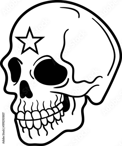 black and white skull illustration with star on forehead, side view of human skeleton head