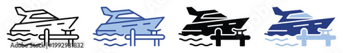Modern yacht boat docked at a pier with water waves icon graphic for marine travel and port services applications