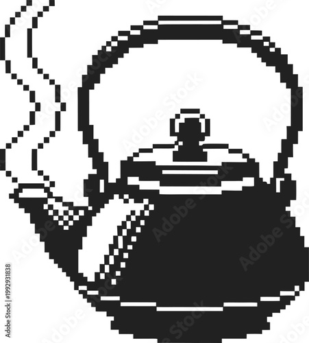 pixel art black kettle with steam rising, vintage tea pot with handle and spout
